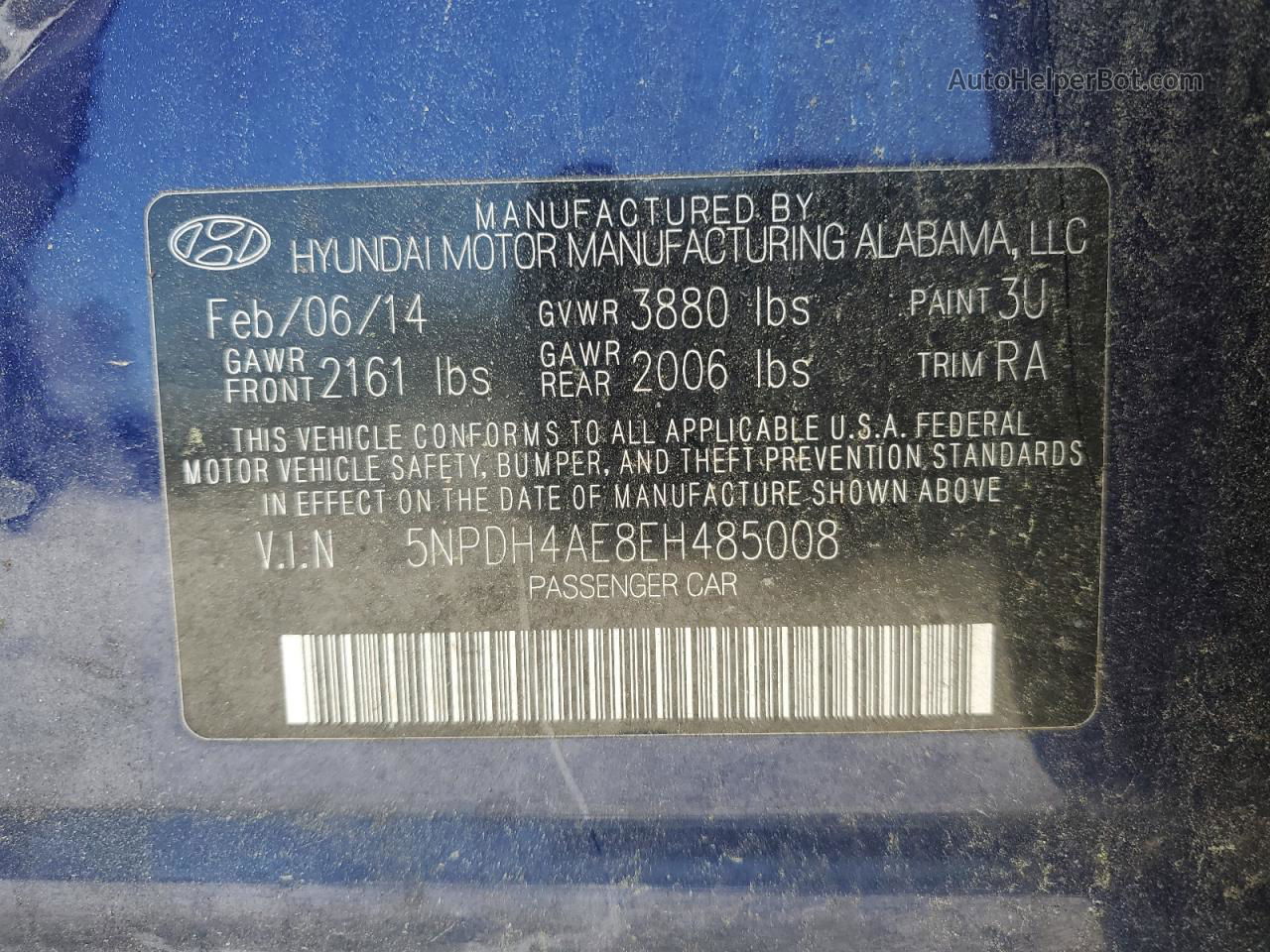 2014 Hyundai Elantra Se Blue vin: 5NPDH4AE8EH485008