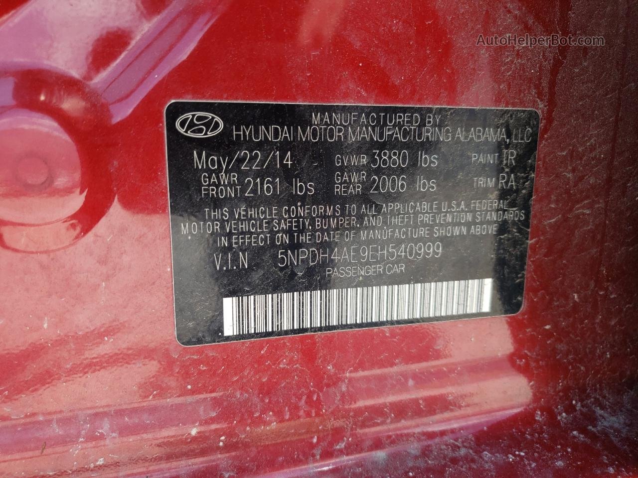 2014 Hyundai Elantra Se Red vin: 5NPDH4AE9EH540999