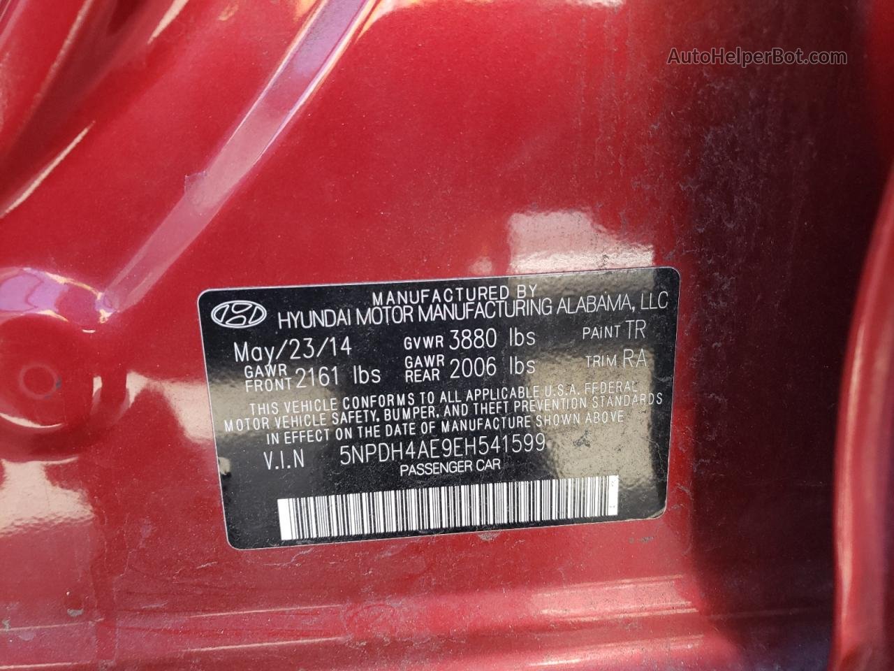 2014 Hyundai Elantra Se Red vin: 5NPDH4AE9EH541599
