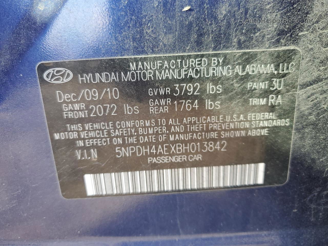 2011 Hyundai Elantra Gls Blue vin: 5NPDH4AEXBH013842