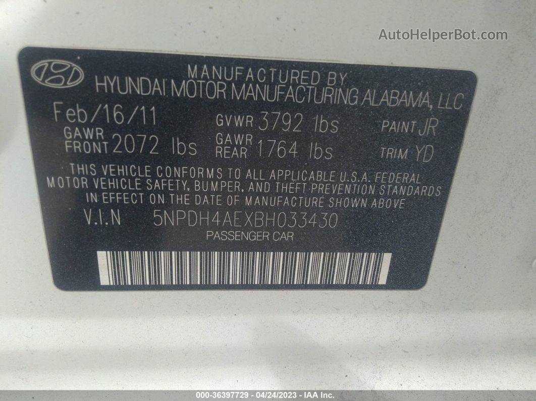 2011 Hyundai Elantra Gls Белый vin: 5NPDH4AEXBH033430