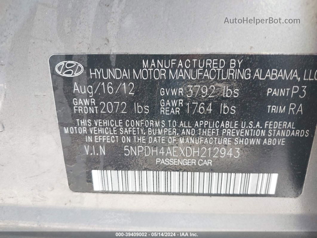 2013 Hyundai Elantra Gls Gray vin: 5NPDH4AEXDH212943