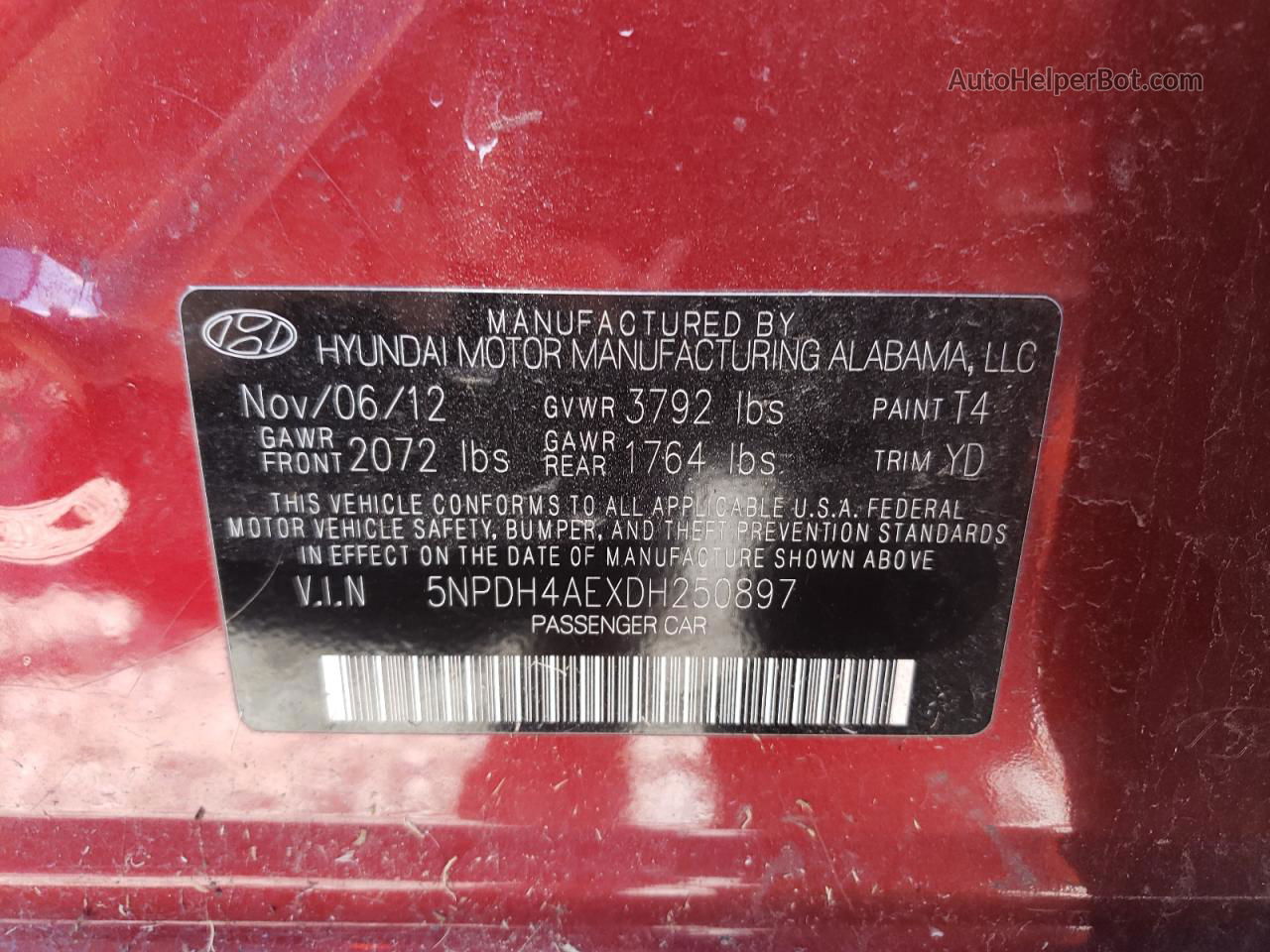 2013 Hyundai Elantra Gls Red vin: 5NPDH4AEXDH250897