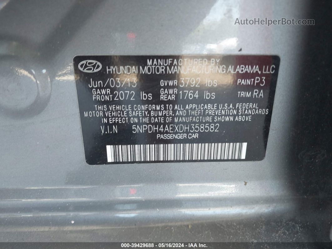 2013 Hyundai Elantra Gls Gray vin: 5NPDH4AEXDH358582