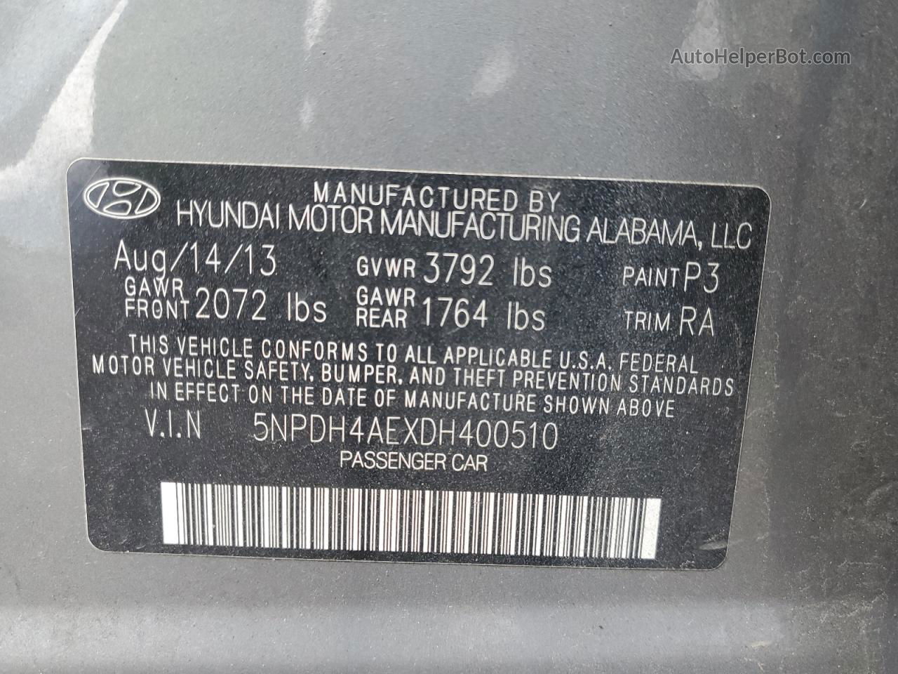 2013 Hyundai Elantra Gls Gray vin: 5NPDH4AEXDH400510