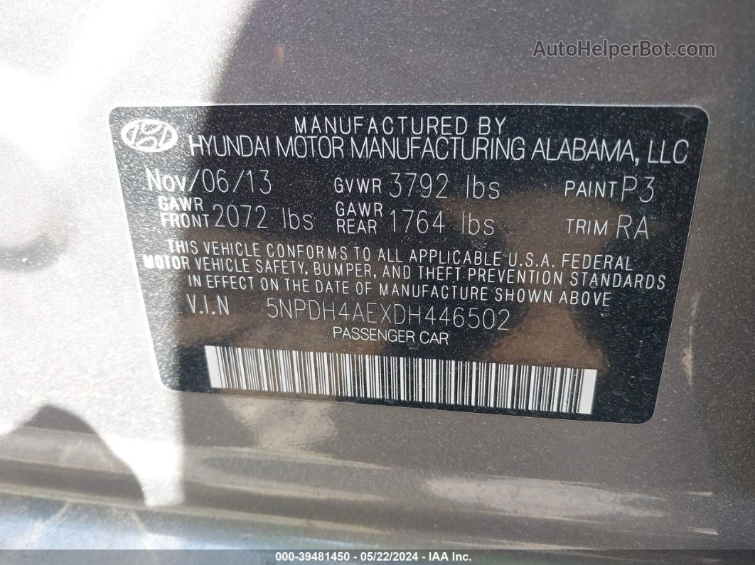 2013 Hyundai Elantra Limited Silver vin: 5NPDH4AEXDH446502