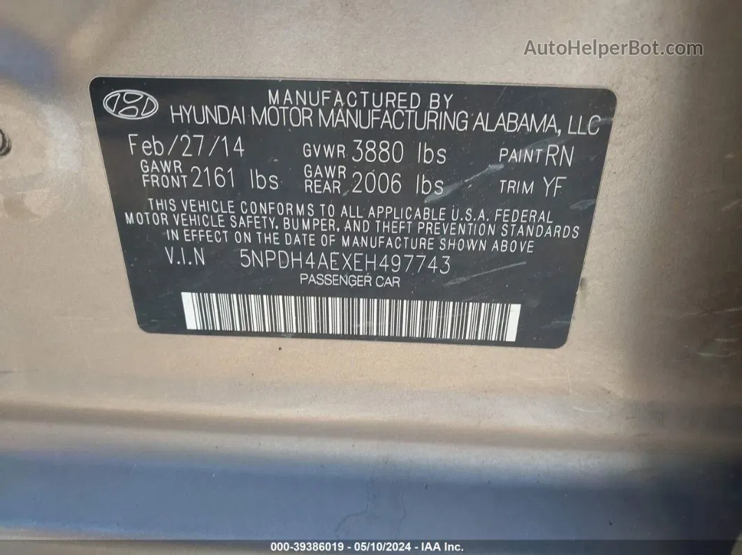 2014 Hyundai Elantra Limited Серебряный vin: 5NPDH4AEXEH497743