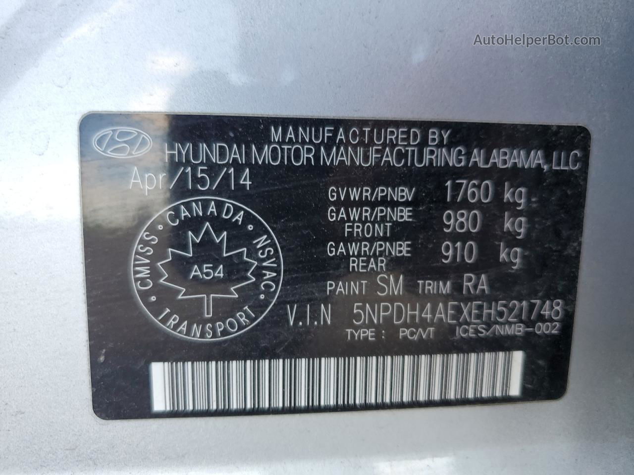 2014 Hyundai Elantra Se Серебряный vin: 5NPDH4AEXEH521748