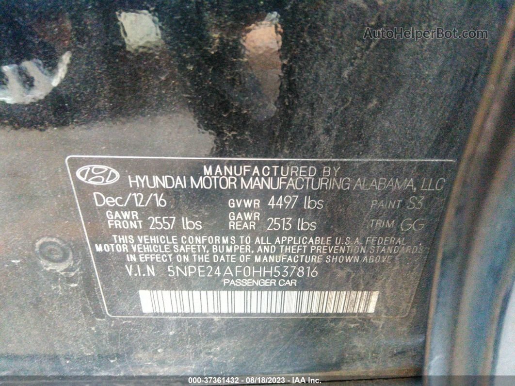 2017 Hyundai Sonata Se Black vin: 5NPE24AF0HH537816
