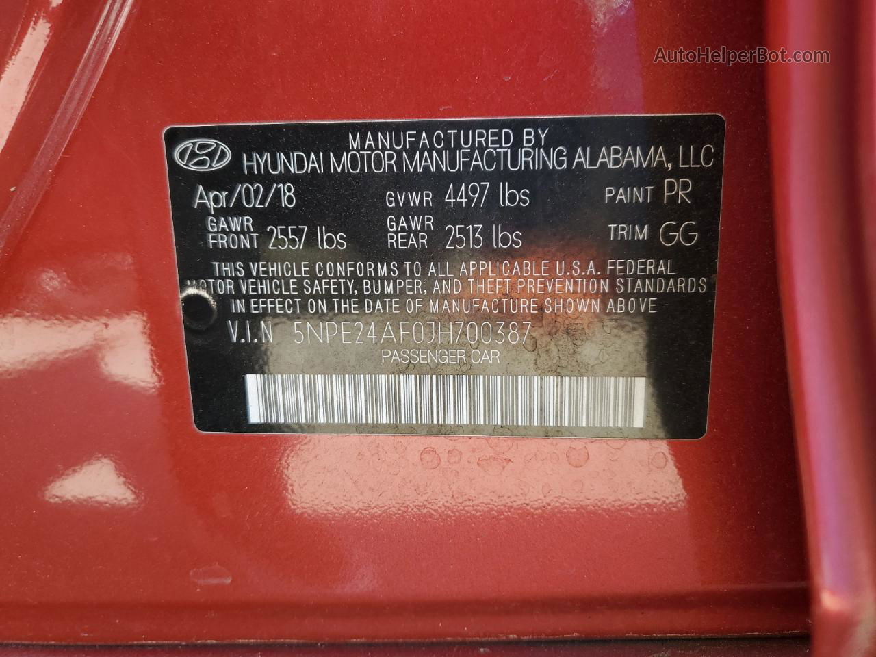 2018 Hyundai Sonata Se Red vin: 5NPE24AF0JH700387