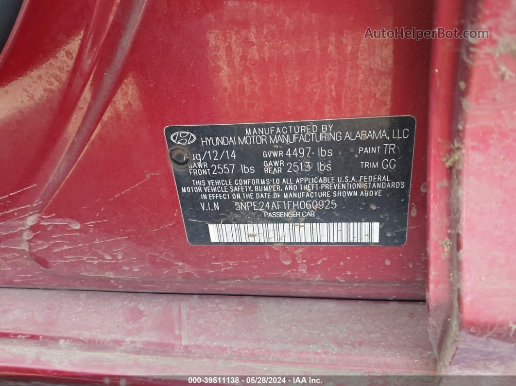 2015 Hyundai Sonata Se Red vin: 5NPE24AF1FH060925
