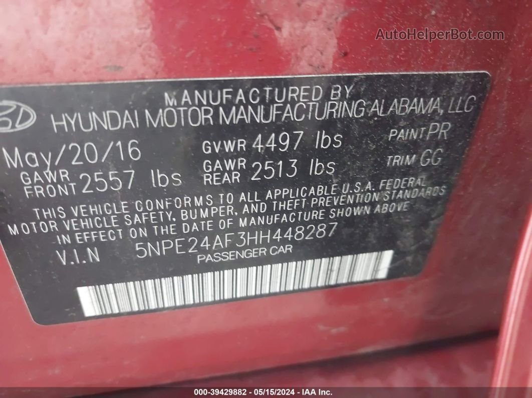 2017 Hyundai Sonata   Red vin: 5NPE24AF3HH448287