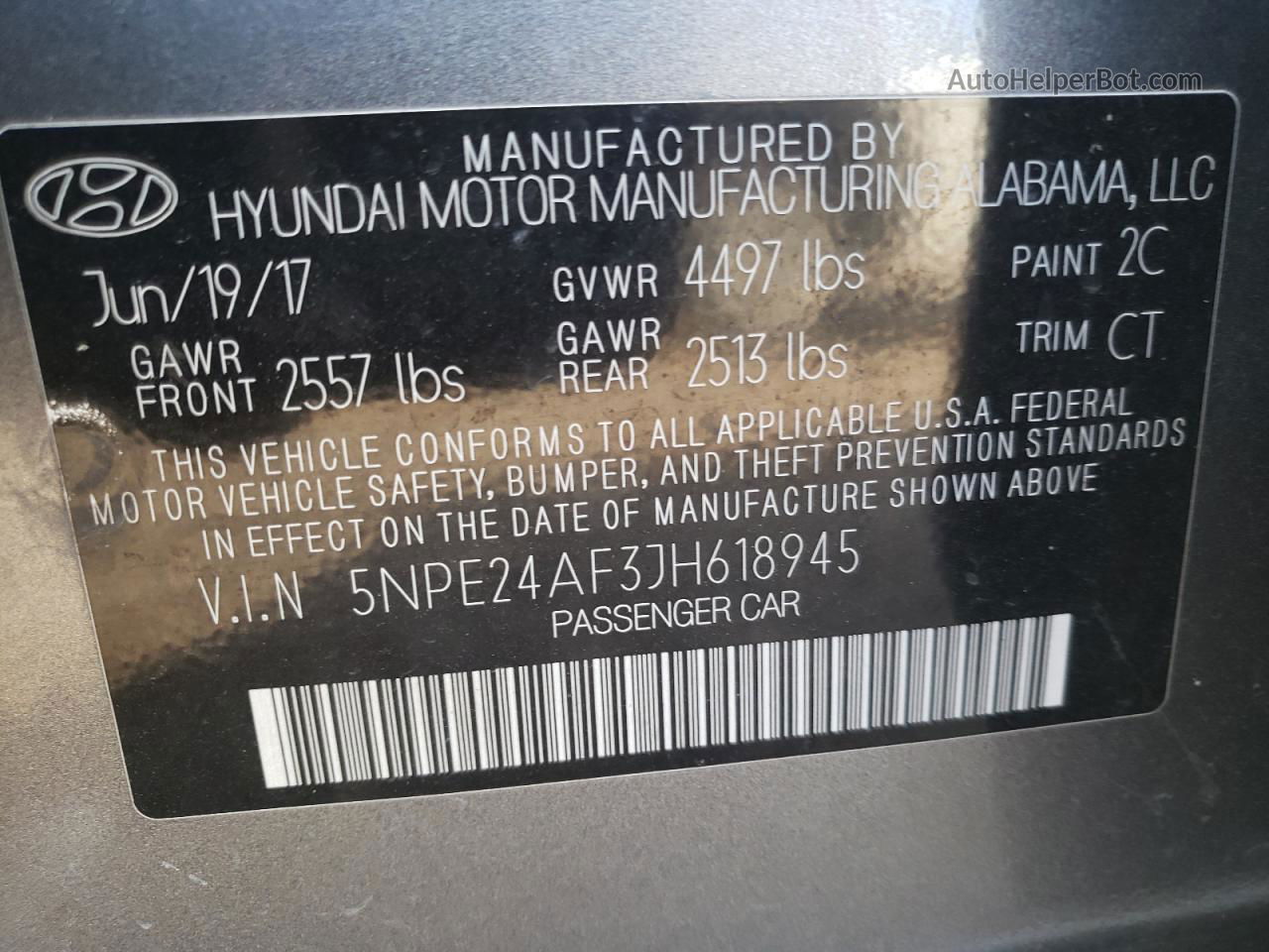 2018 Hyundai Sonata Se Gray vin: 5NPE24AF3JH618945