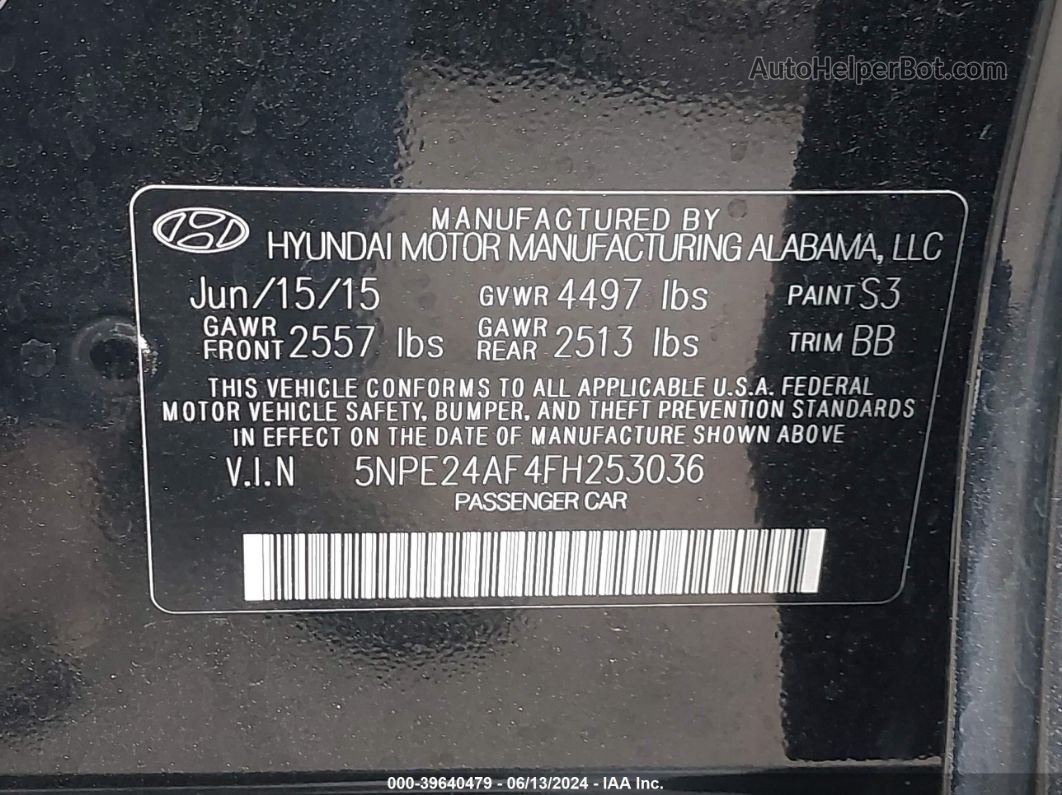 2015 Hyundai Sonata Se Black vin: 5NPE24AF4FH253036