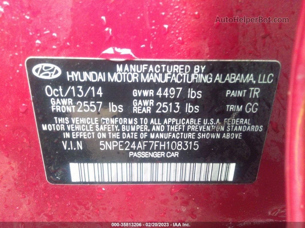 2015 Hyundai Sonata Se Red vin: 5NPE24AF7FH108315