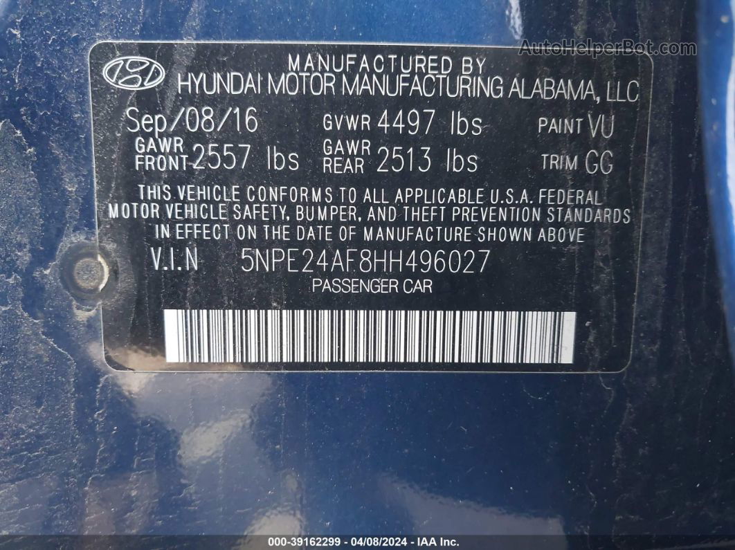 2017 Hyundai Sonata   Blue vin: 5NPE24AF8HH496027