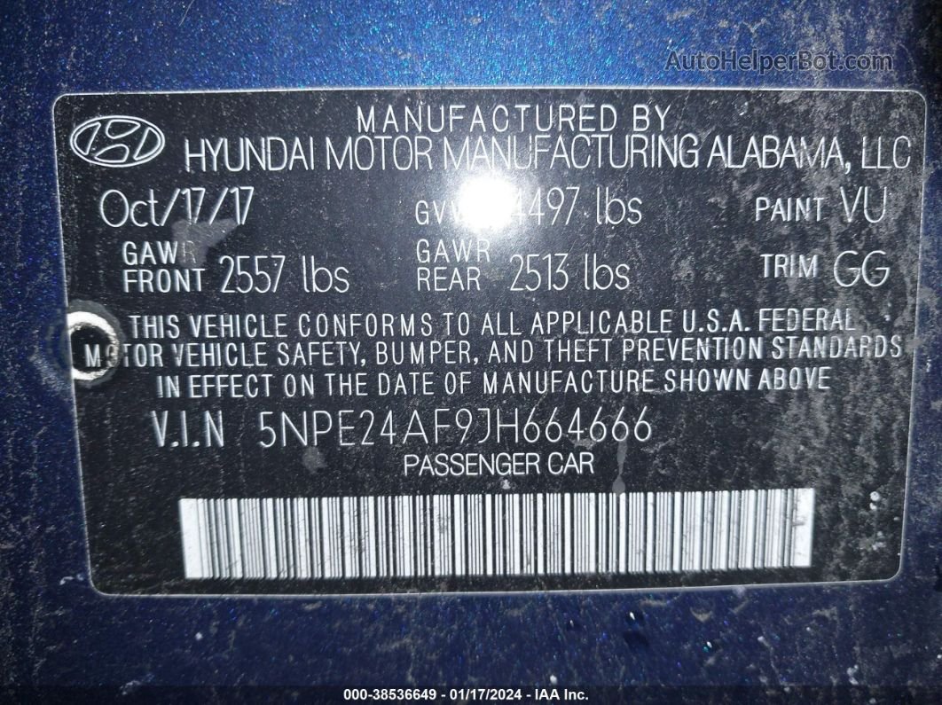2018 Hyundai Sonata Se Dark Blue vin: 5NPE24AF9JH664666