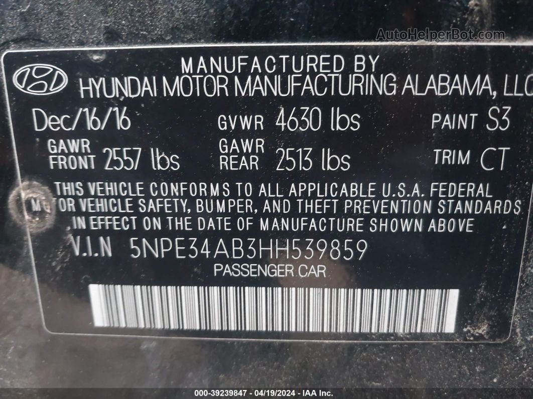 2017 Hyundai Sonata Limited 2.0t Black vin: 5NPE34AB3HH539859