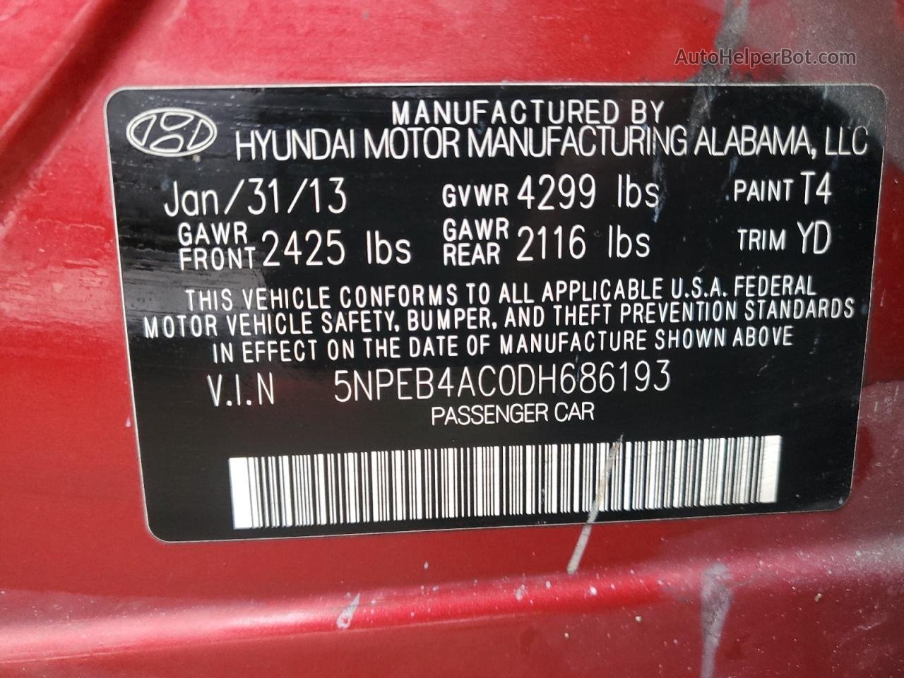 2013 Hyundai Sonata Gls Red vin: 5NPEB4AC0DH686193