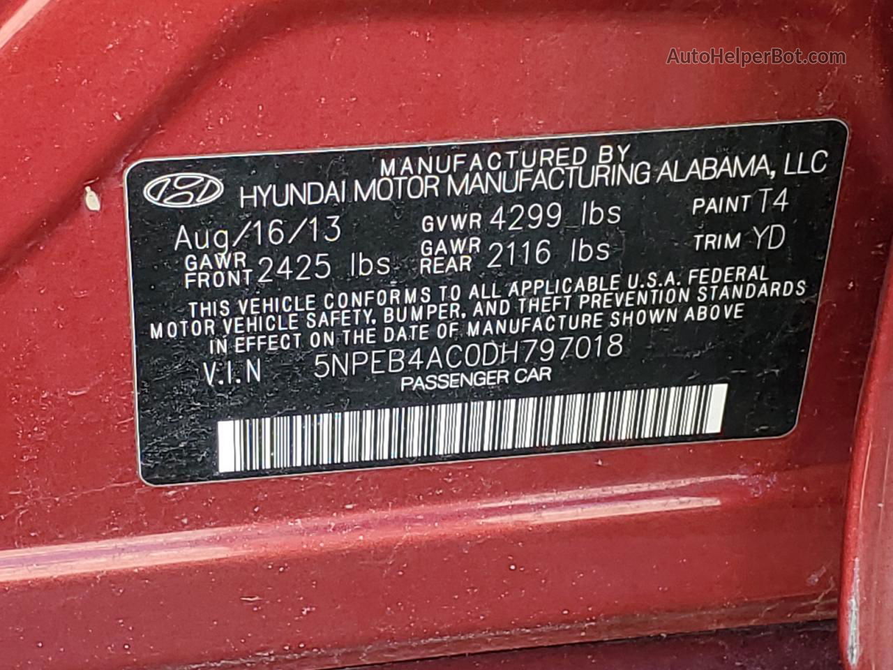 2013 Hyundai Sonata Gls Red vin: 5NPEB4AC0DH797018