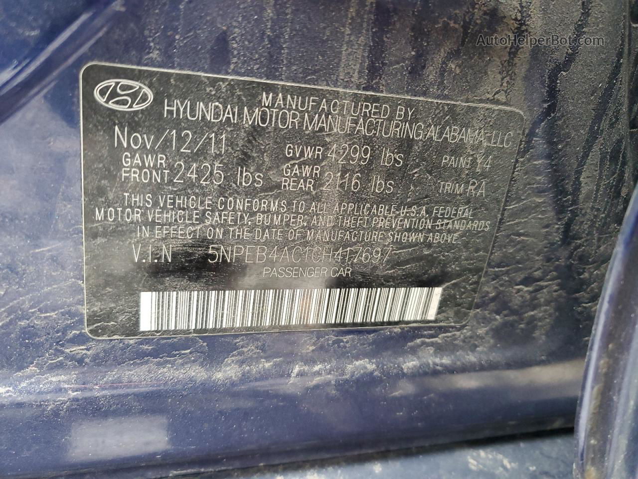 2012 Hyundai Sonata Gls Blue vin: 5NPEB4AC1CH417697