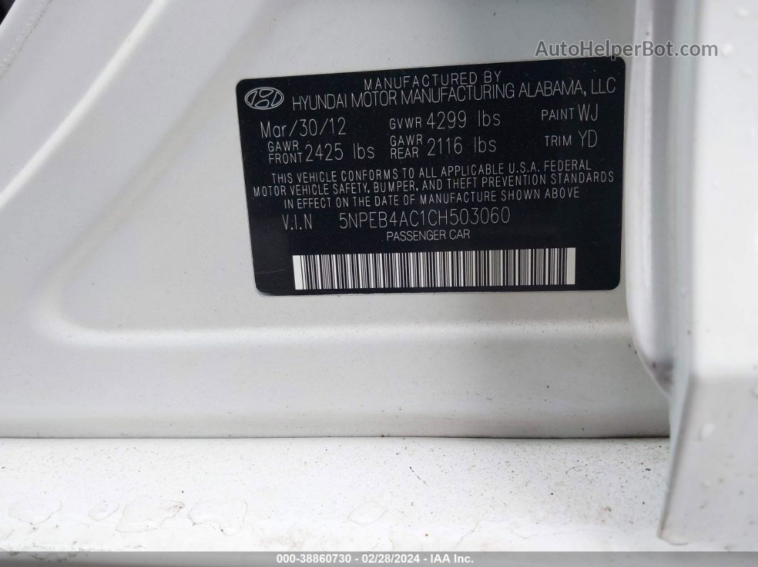 2012 Hyundai Sonata Gls White vin: 5NPEB4AC1CH503060