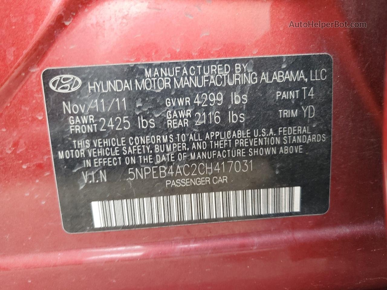 2012 Hyundai Sonata Gls Темно-бордовый vin: 5NPEB4AC2CH417031
