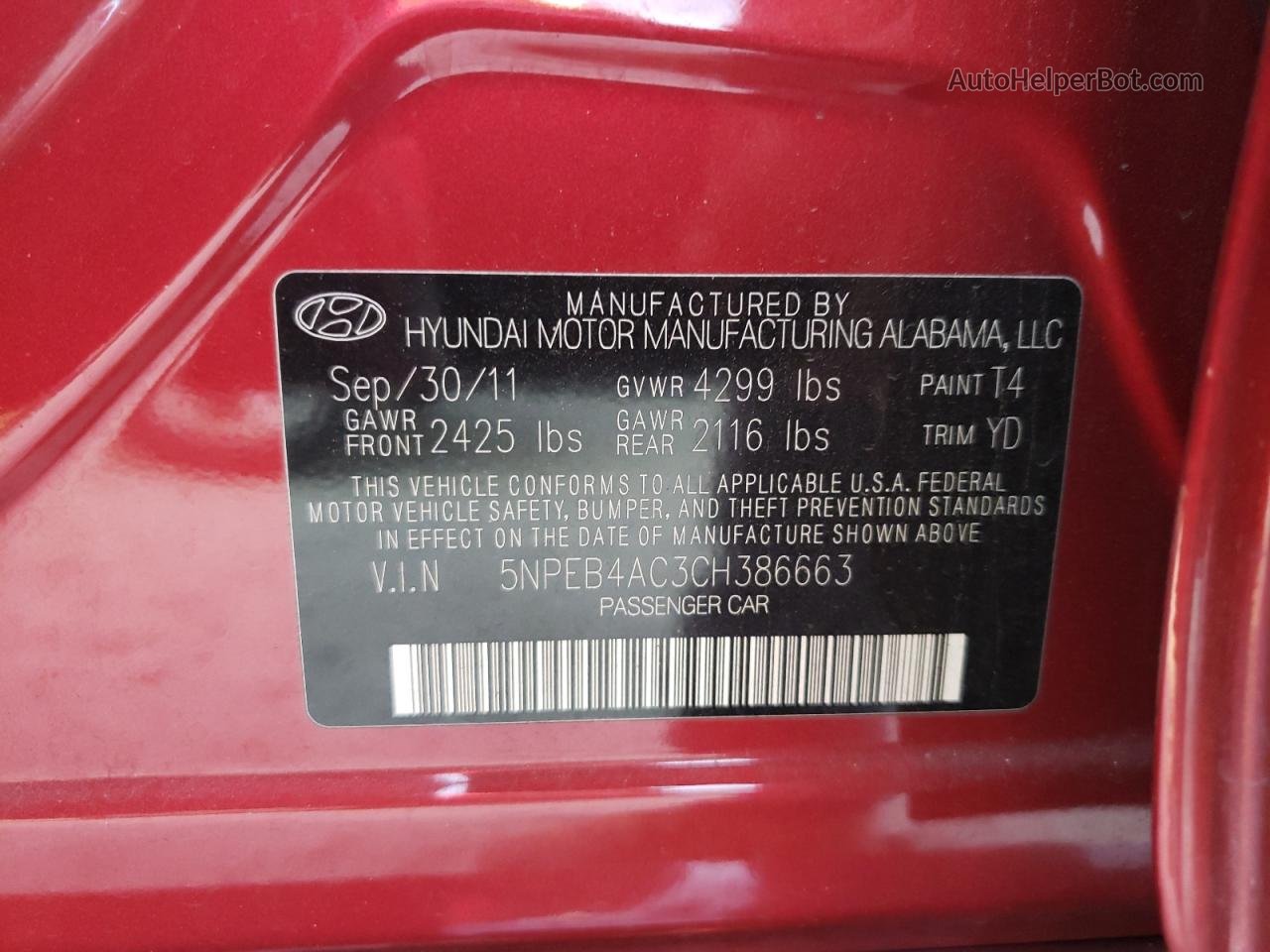 2012 Hyundai Sonata Gls Red vin: 5NPEB4AC3CH386663