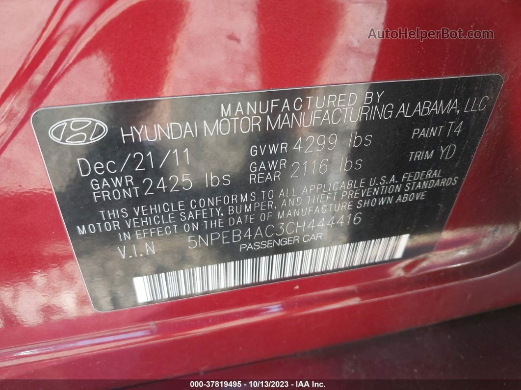 2012 Hyundai Sonata Gls Red vin: 5NPEB4AC3CH444416