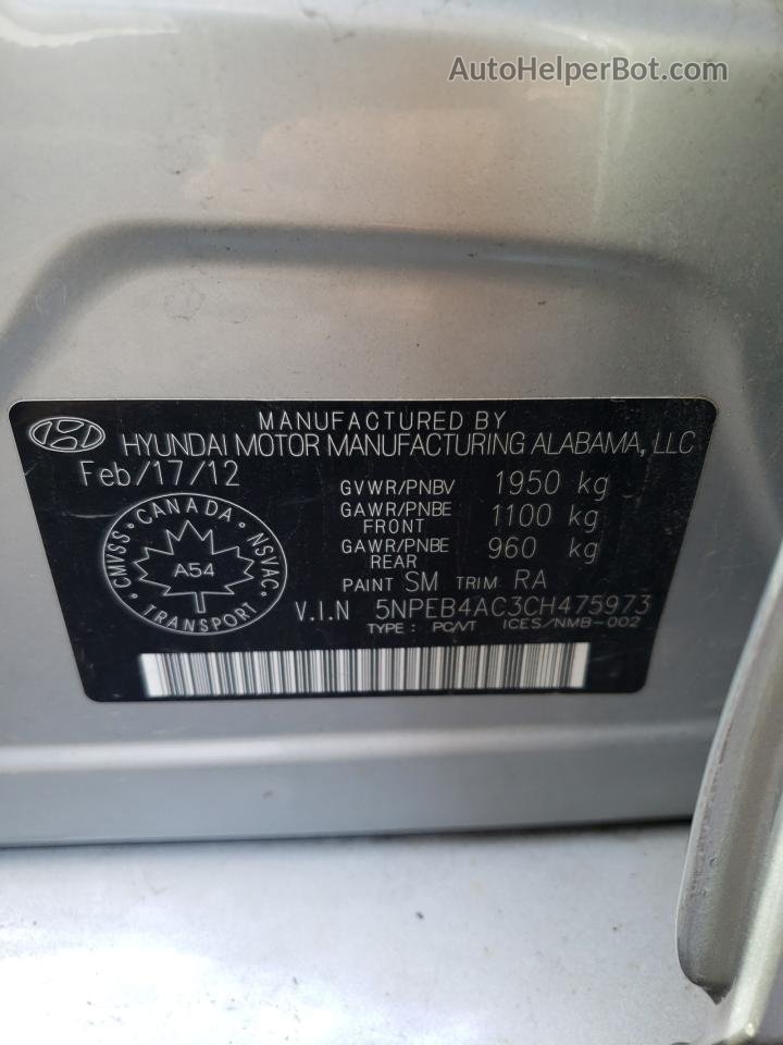 2012 Hyundai Sonata Gls Silver vin: 5NPEB4AC3CH475973