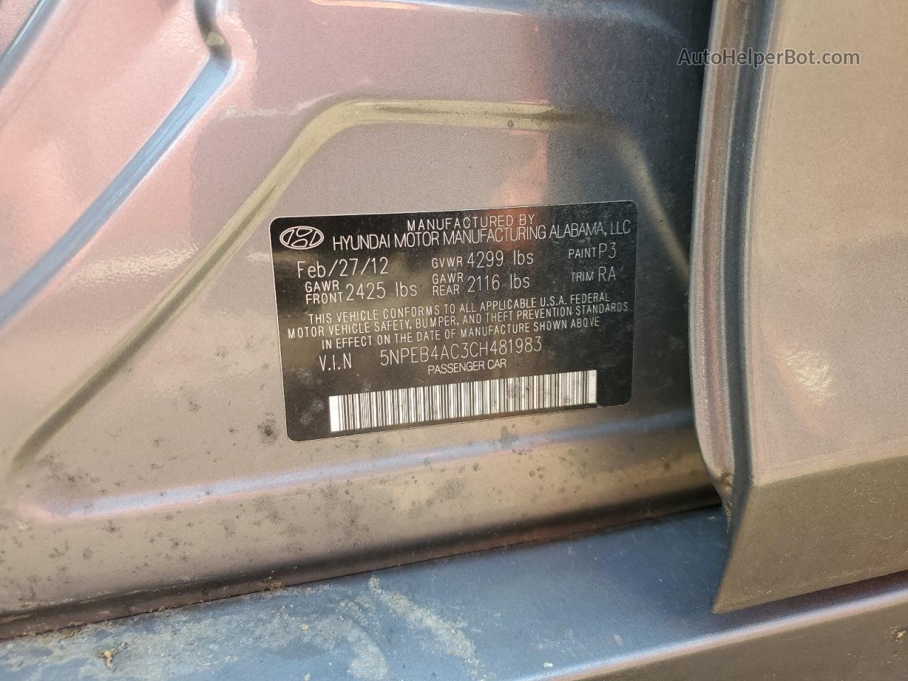 2012 Hyundai Sonata Gls Gray vin: 5NPEB4AC3CH481983