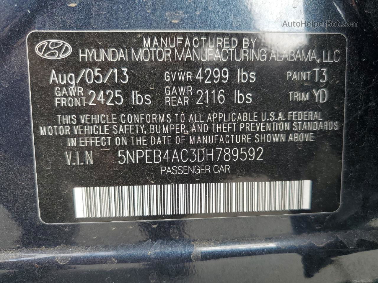 2013 Hyundai Sonata Gls Синий vin: 5NPEB4AC3DH789592