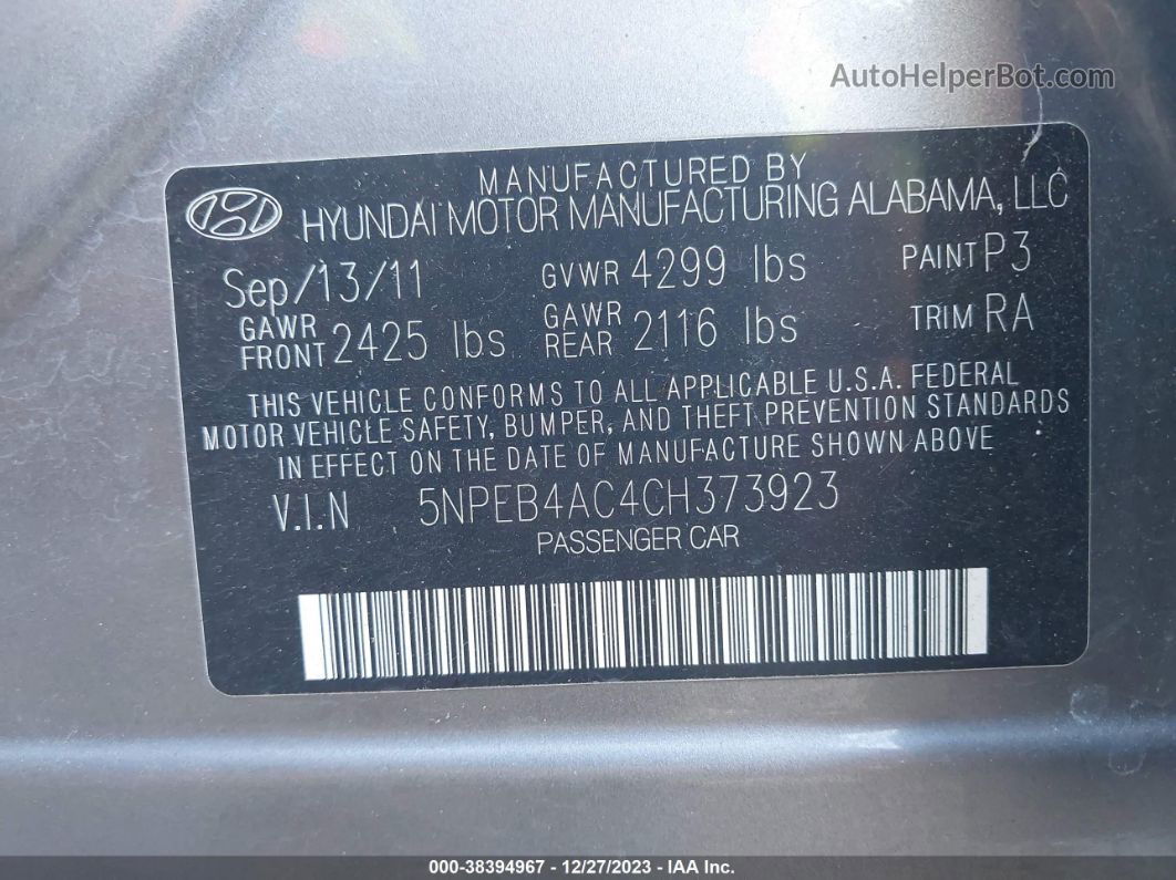 2012 Hyundai Sonata Gls Gray vin: 5NPEB4AC4CH373923