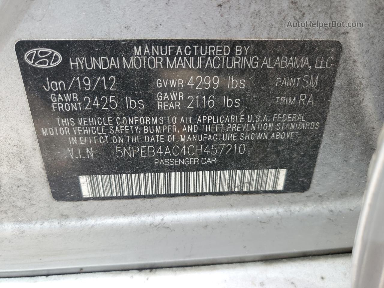 2012 Hyundai Sonata Gls Silver vin: 5NPEB4AC4CH457210