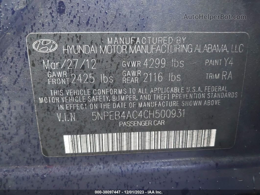 2012 Hyundai Sonata Gls Blue vin: 5NPEB4AC4CH500931