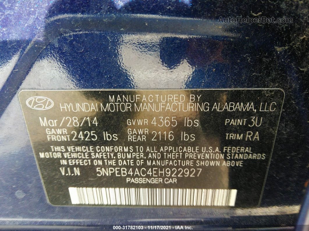2014 Hyundai Sonata Gls Blue vin: 5NPEB4AC4EH922927