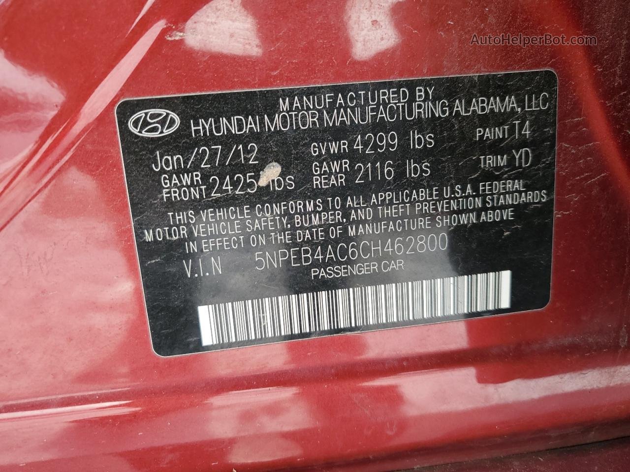 2012 Hyundai Sonata Gls Red vin: 5NPEB4AC6CH462800