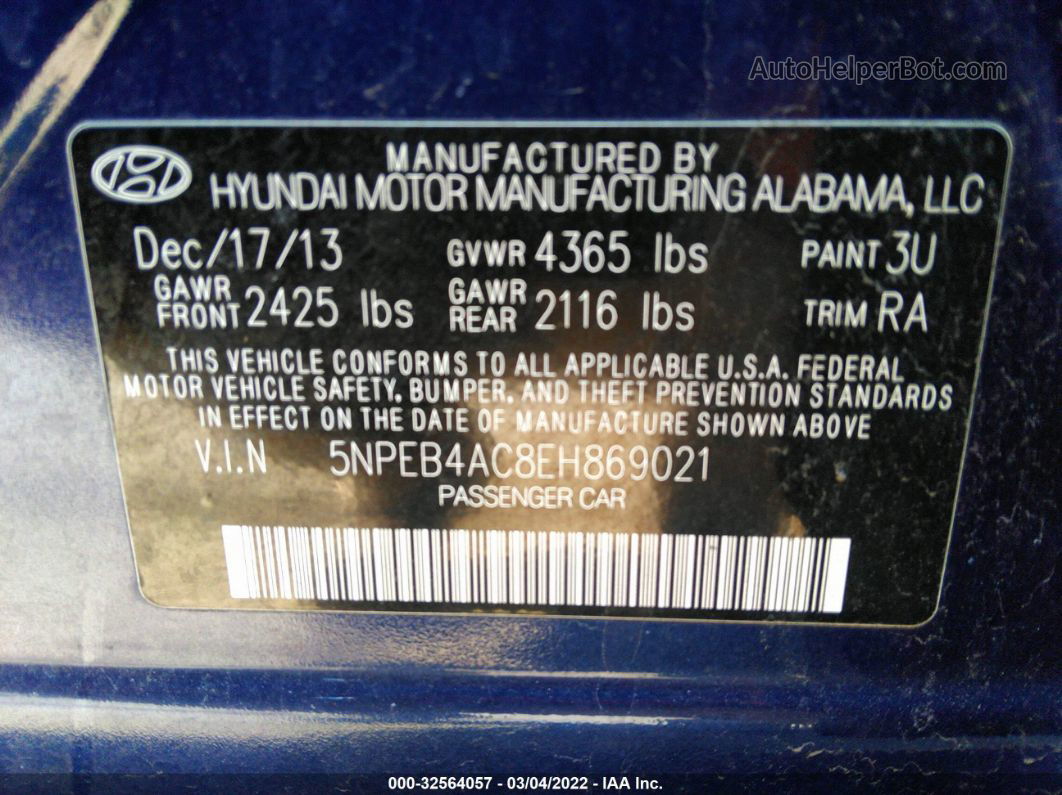 2014 Hyundai Sonata Gls Blue vin: 5NPEB4AC8EH869021