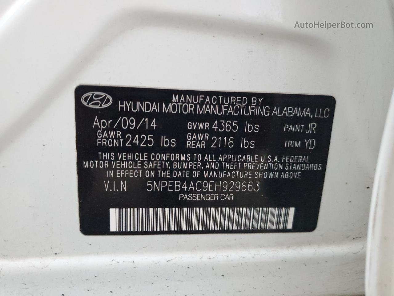 2014 Hyundai Sonata Gls White vin: 5NPEB4AC9EH929663