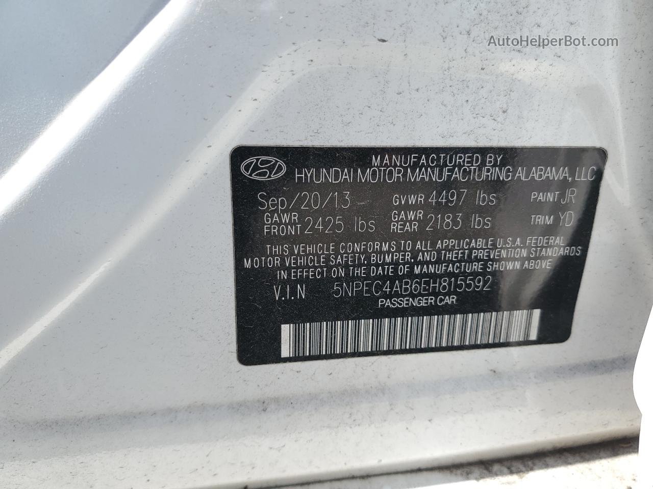 2014 Hyundai Sonata Se White vin: 5NPEC4AB6EH815592