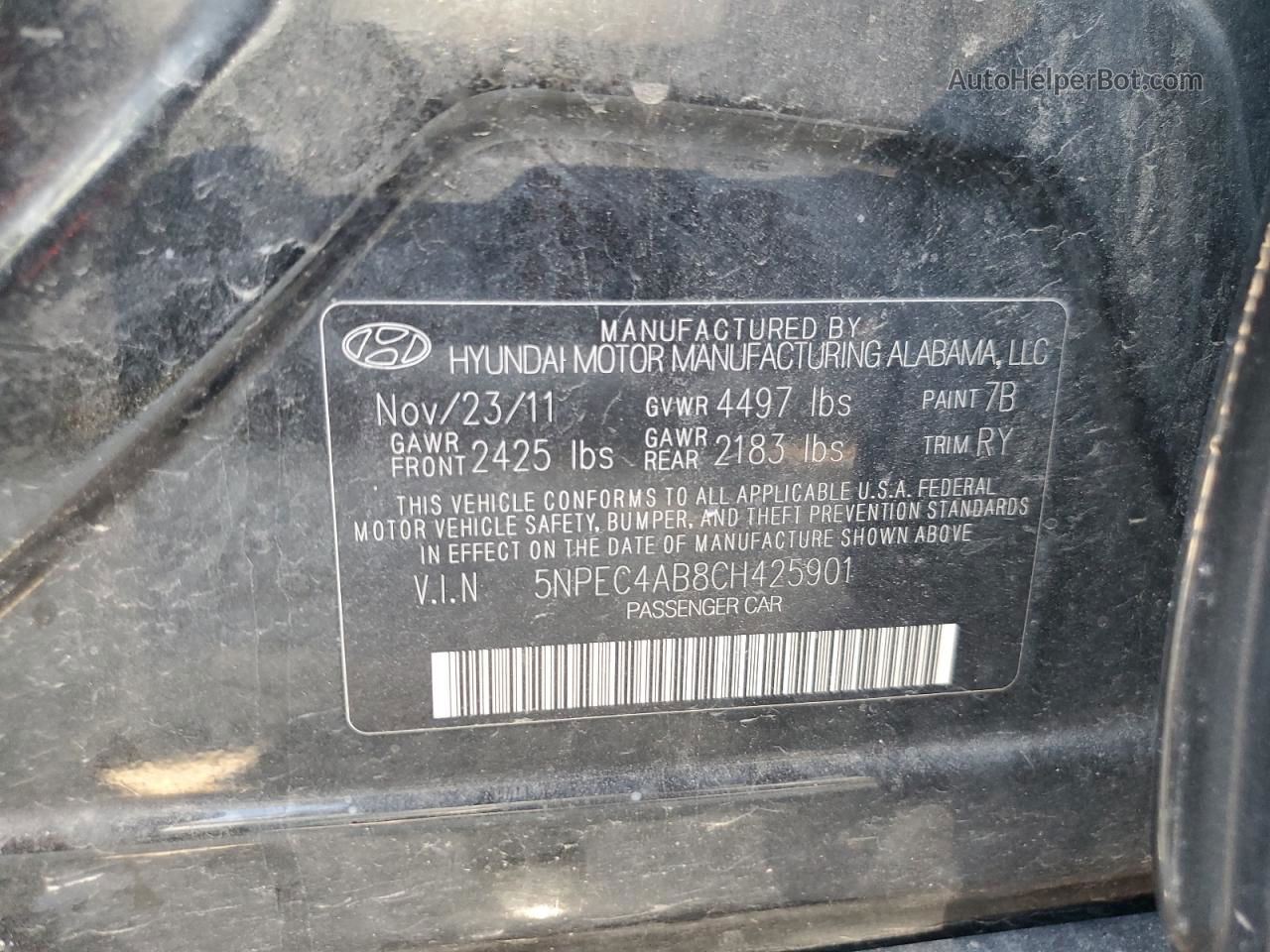 2012 Hyundai Sonata Se Черный vin: 5NPEC4AB8CH425901