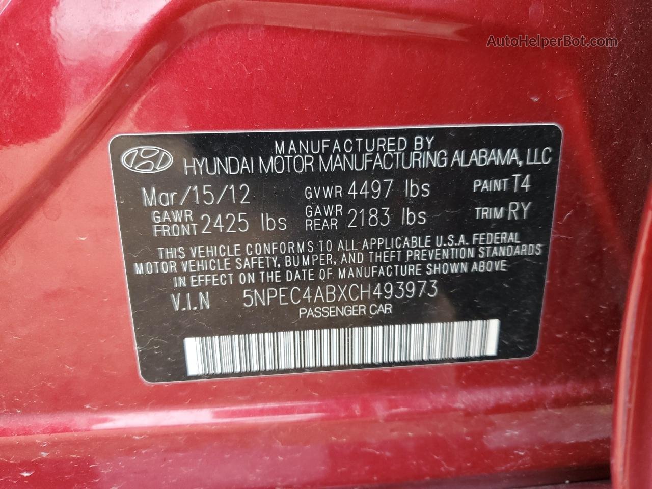 2012 Hyundai Sonata Se Maroon vin: 5NPEC4ABXCH493973