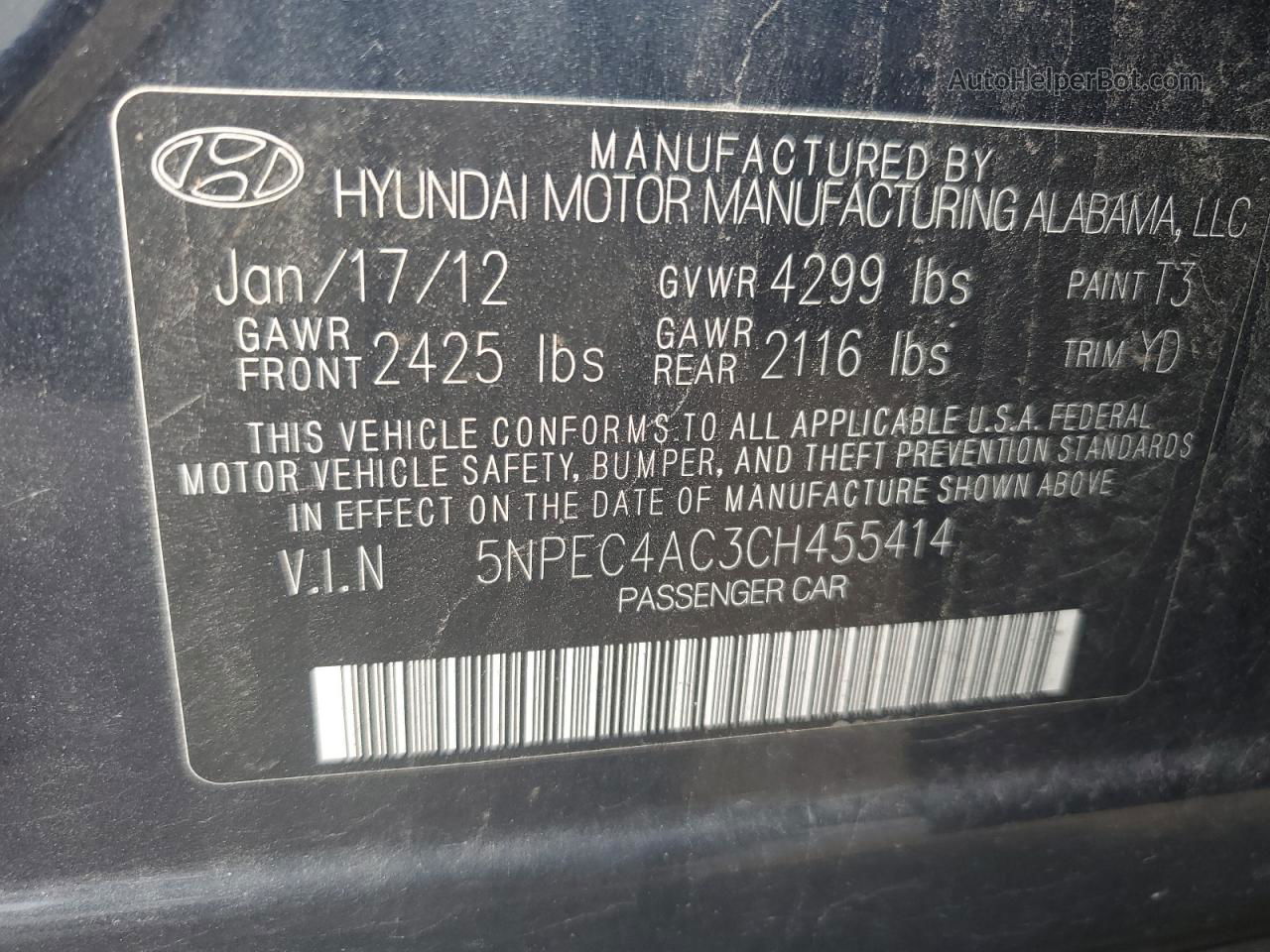 2012 Hyundai Sonata Se Blue vin: 5NPEC4AC3CH455414