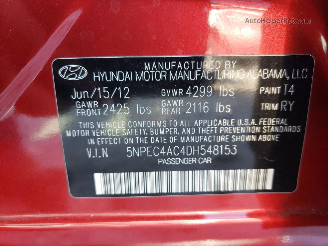 2013 Hyundai Sonata Se Red vin: 5NPEC4AC4DH548153