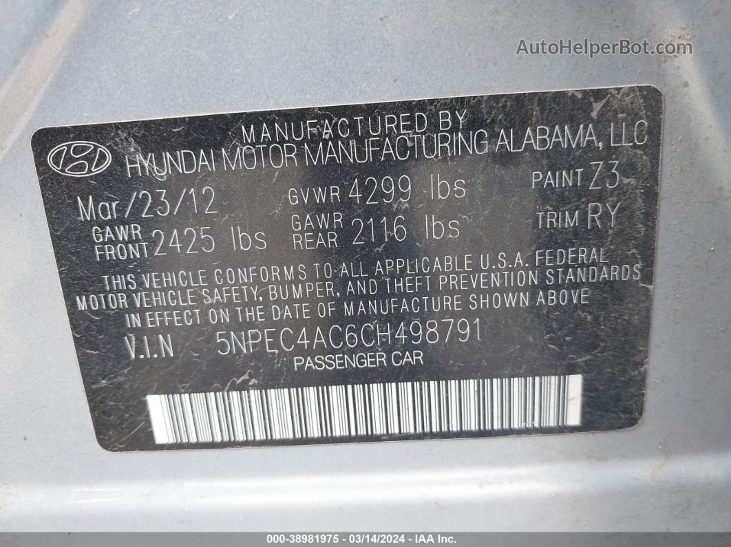 2012 Hyundai Sonata Se Gray vin: 5NPEC4AC6CH498791
