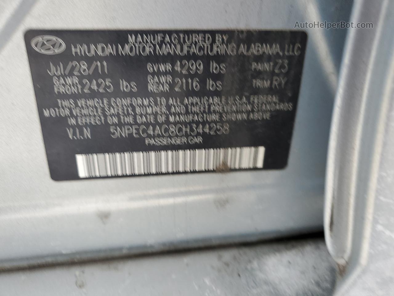 2012 Hyundai Sonata Se Silver vin: 5NPEC4AC8CH344258
