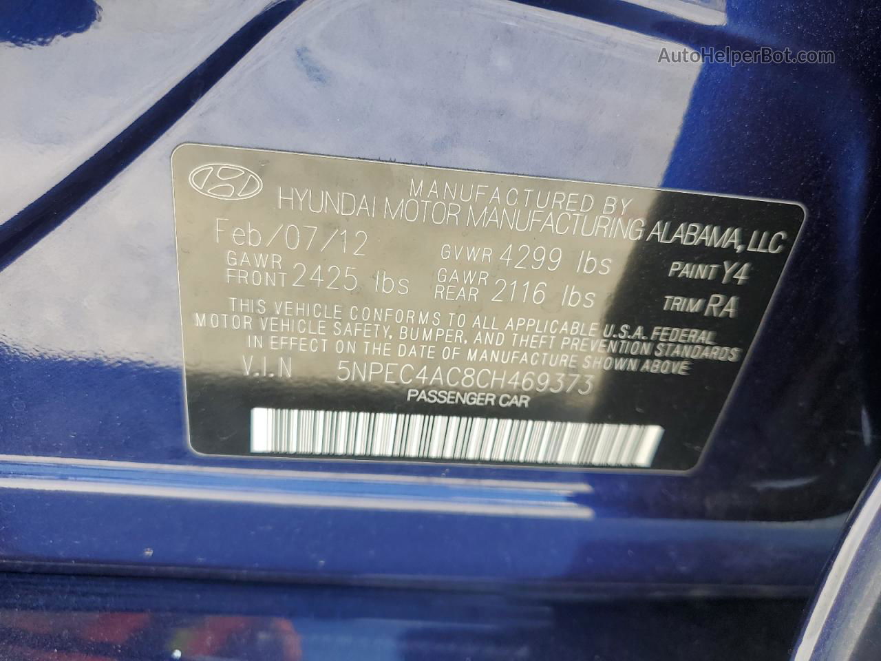2012 Hyundai Sonata Se Blue vin: 5NPEC4AC8CH469373