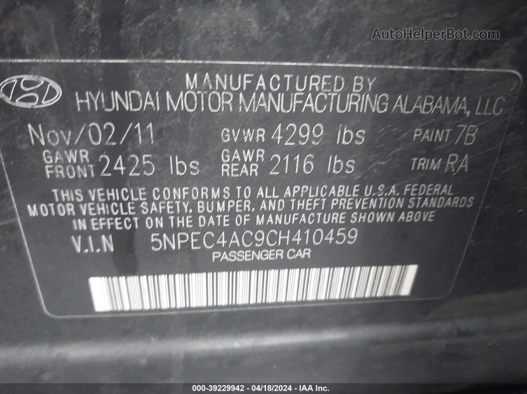 2012 Hyundai Sonata Limited Black vin: 5NPEC4AC9CH410459