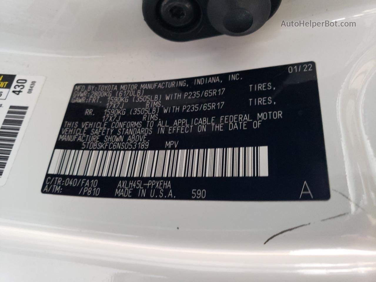 2022 Toyota Sienna Le Белый vin: 5TDBSKFC6NS053189