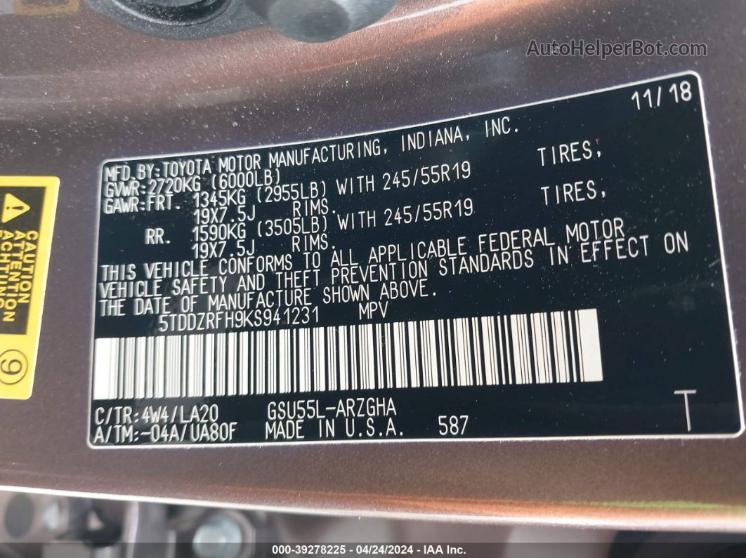 2019 Toyota Highlander Limited Коричневый vin: 5TDDZRFH9KS941231
